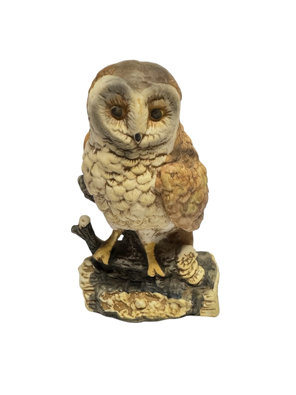 Vintage Bisque Barn Owl Perched on Branch Figure Statue 7 1/2” Tall